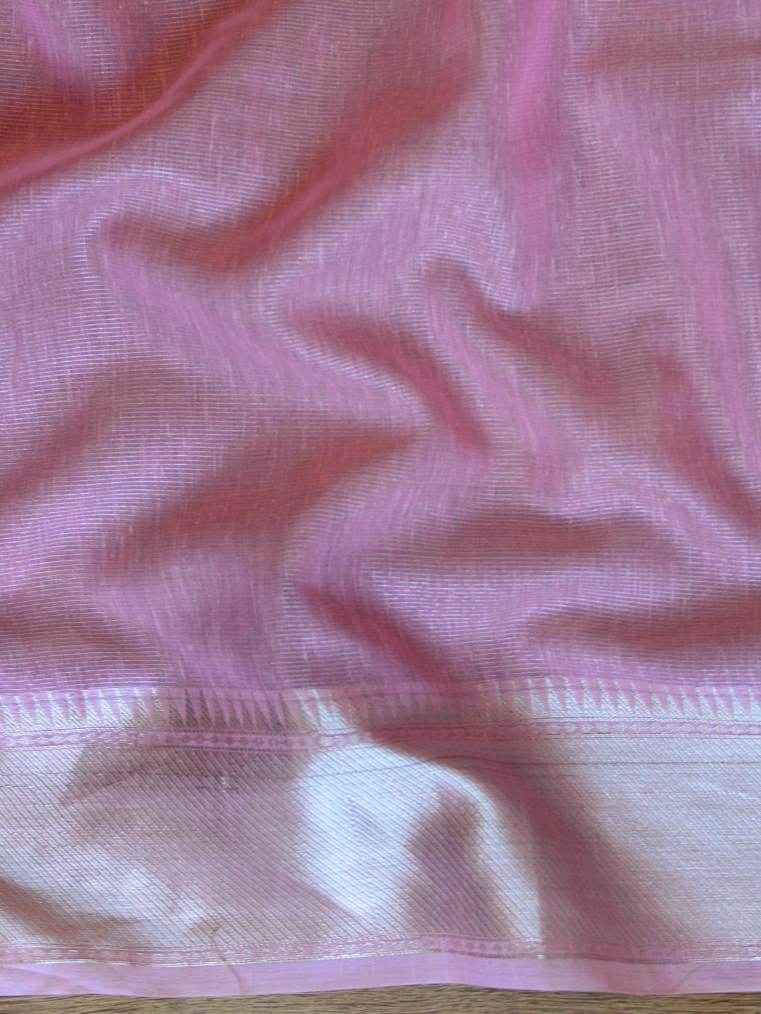 Banarasee Linen Cotton Saree With Embroidered Buta & Silver Zari Border-Pink