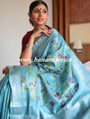 Banarasee Handloom Pure Linen By Tissue Embroidered Saree-Blue