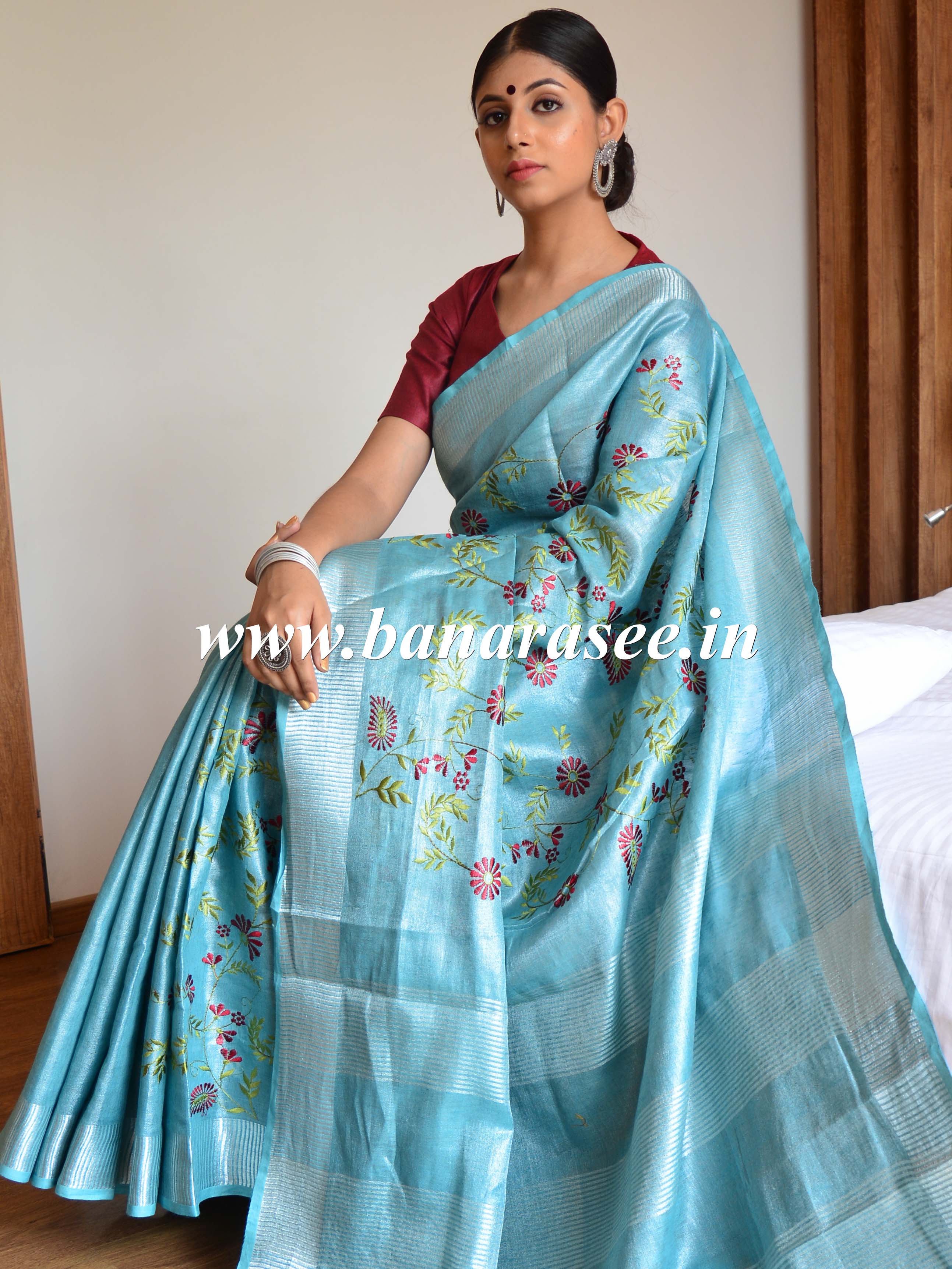 Banarasee Handloom Pure Linen By Tissue Embroidered Saree-Blue