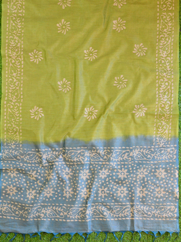 Pure Handloom Khadi Cotton Hand-Dyed Batik Pattern Salwar Kameez Dupatta Set-Green & Blue