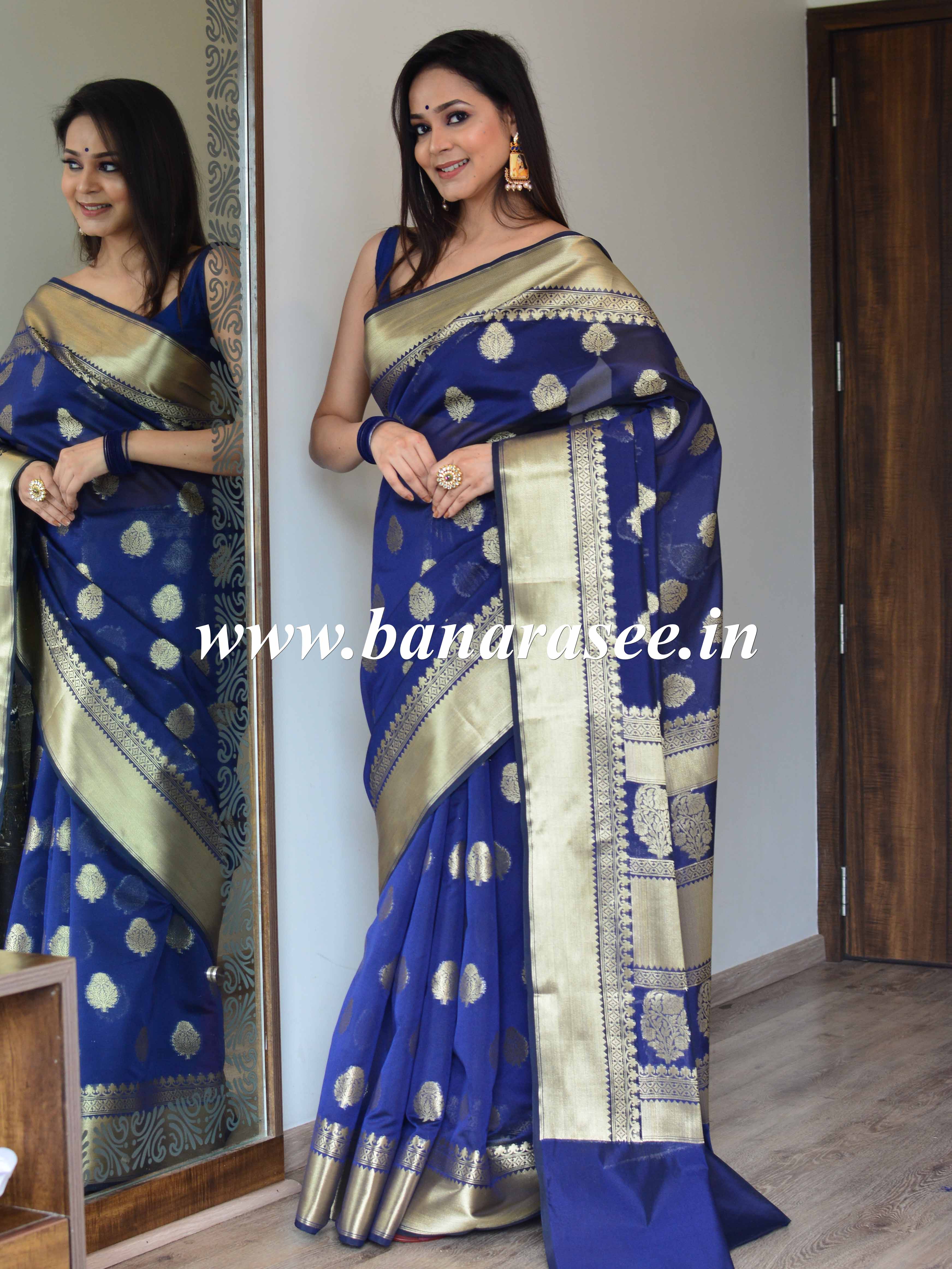 Banarasee Handwoven Semi Silk Saree With Zari Buti & Border-Deep Blue
