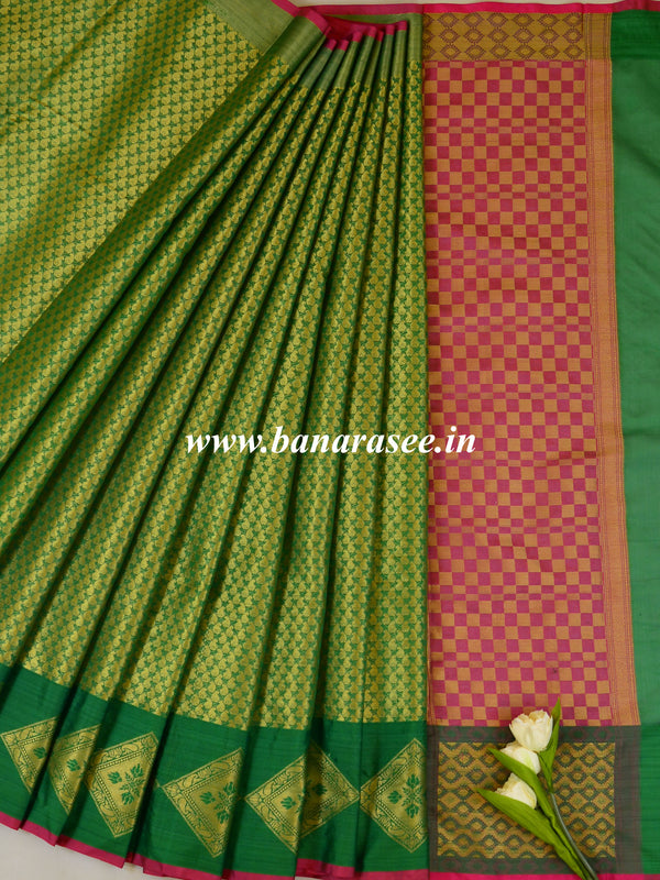 Banarasee Kora Muslin Saree With Zari Weaving Design-Green