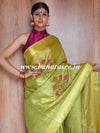 Banarasee Handloom Pure Linen By Tissue Saree With Pearl Embroidery-Green