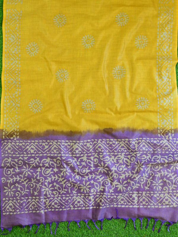 Pure Handloom Khadi Cotton Hand-Dyed Batik Pattern Salwar Kameez Dupatta Set-Purple & Yellow