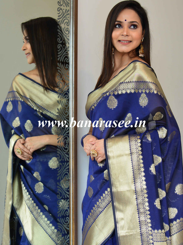 Banarasee Handwoven Semi Silk Saree With Zari Buti & Border-Deep Blue