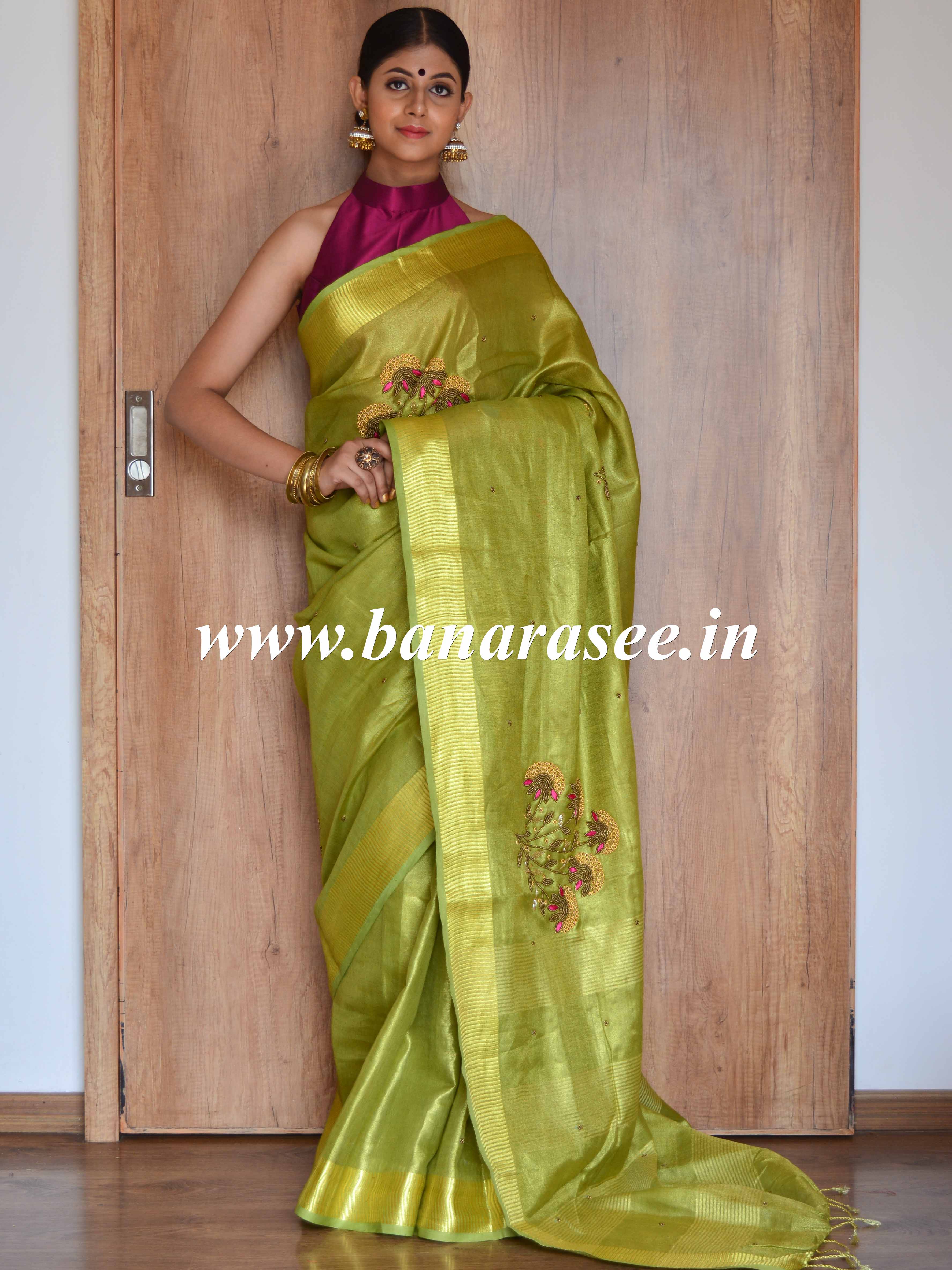 Banarasee Handloom Pure Linen By Tissue Saree With Pearl Embroidery-Green