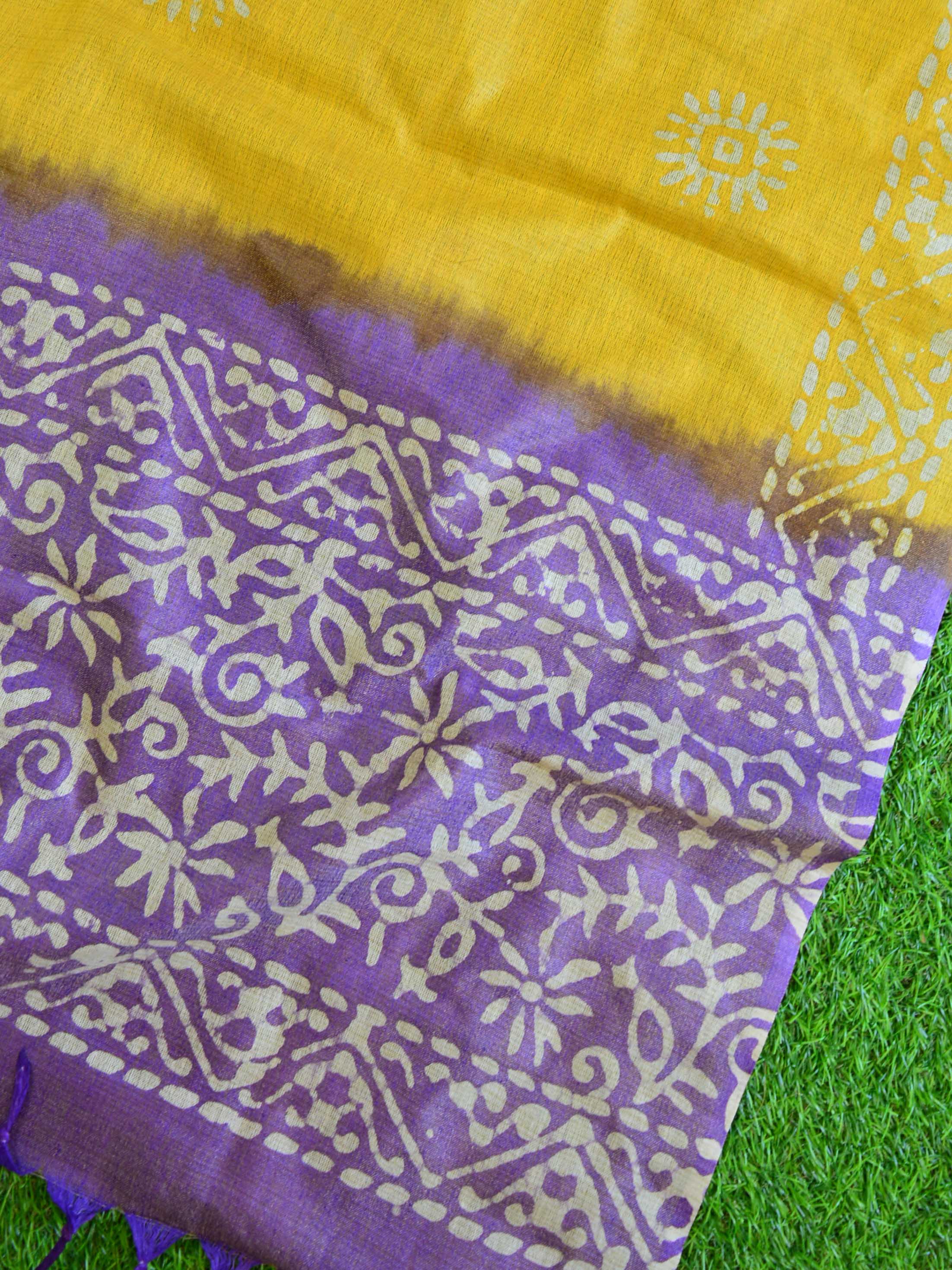 Pure Handloom Khadi Cotton Hand-Dyed Batik Pattern Salwar Kameez Dupatta Set-Purple & Yellow