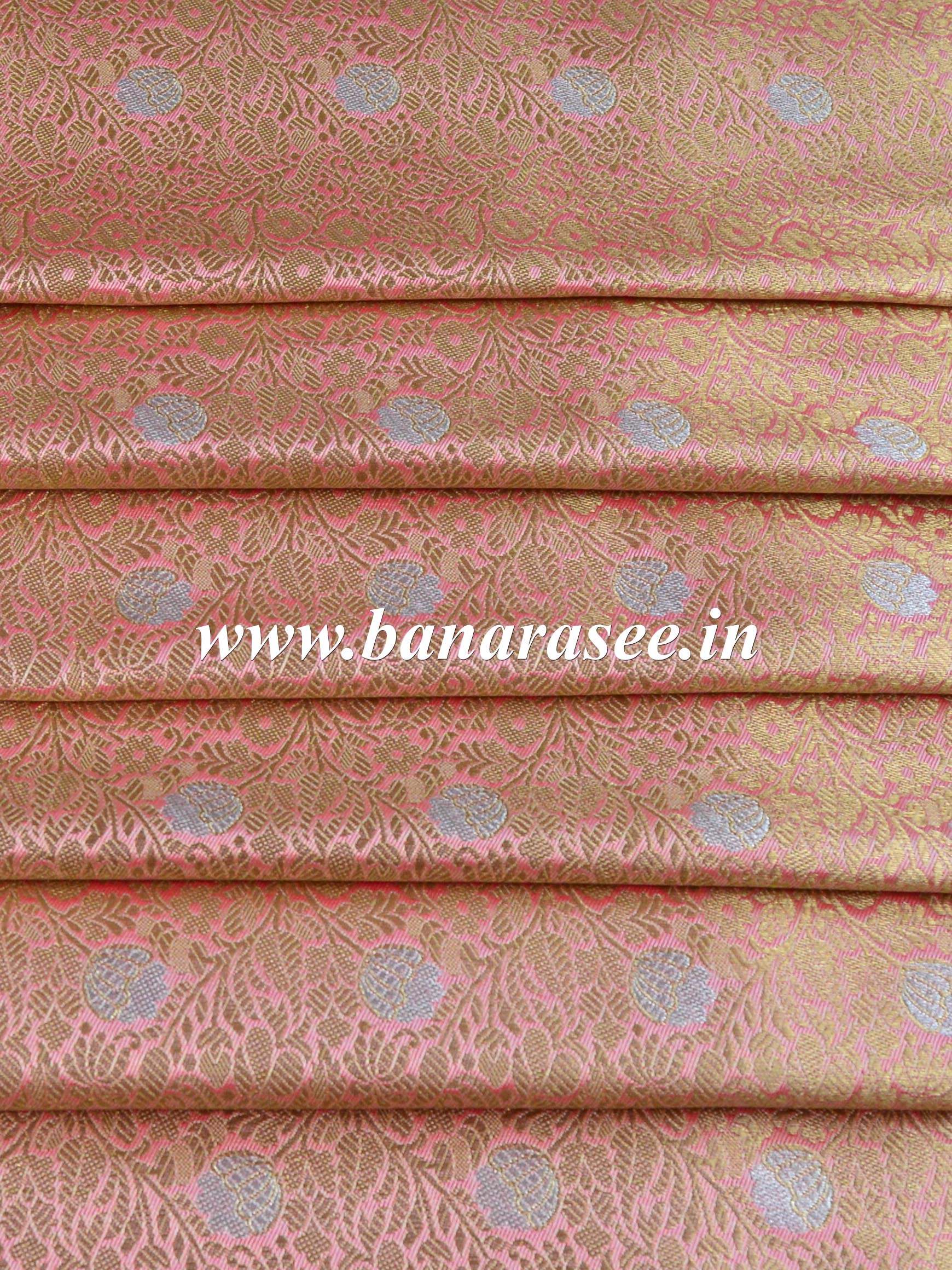 Banarasee Satin Brocade Gold Zari Jaal Design Fabric-Peach