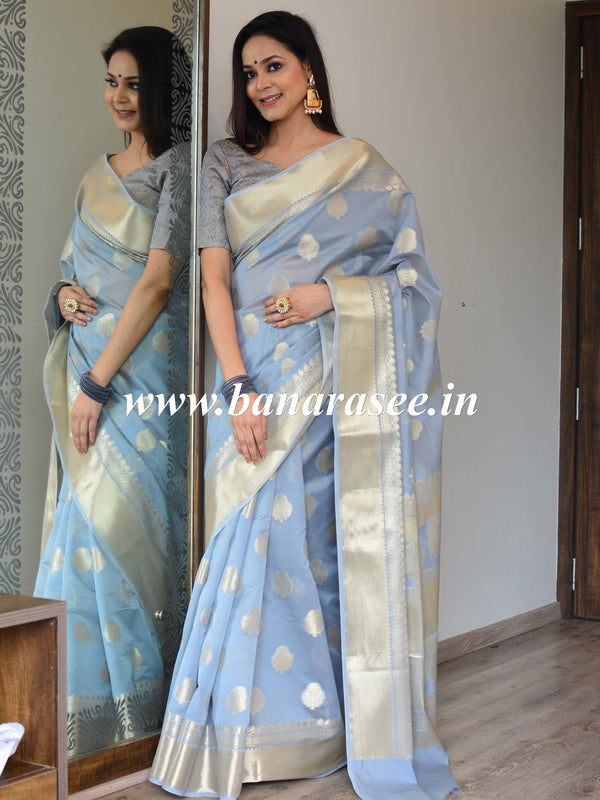 Banarasee Handwoven Semi Silk Saree With Zari Buti & Border-Grey