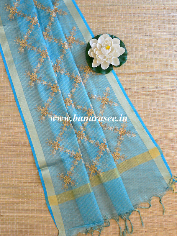 Banarasee Embroidered Tissue Dupatta-Blue