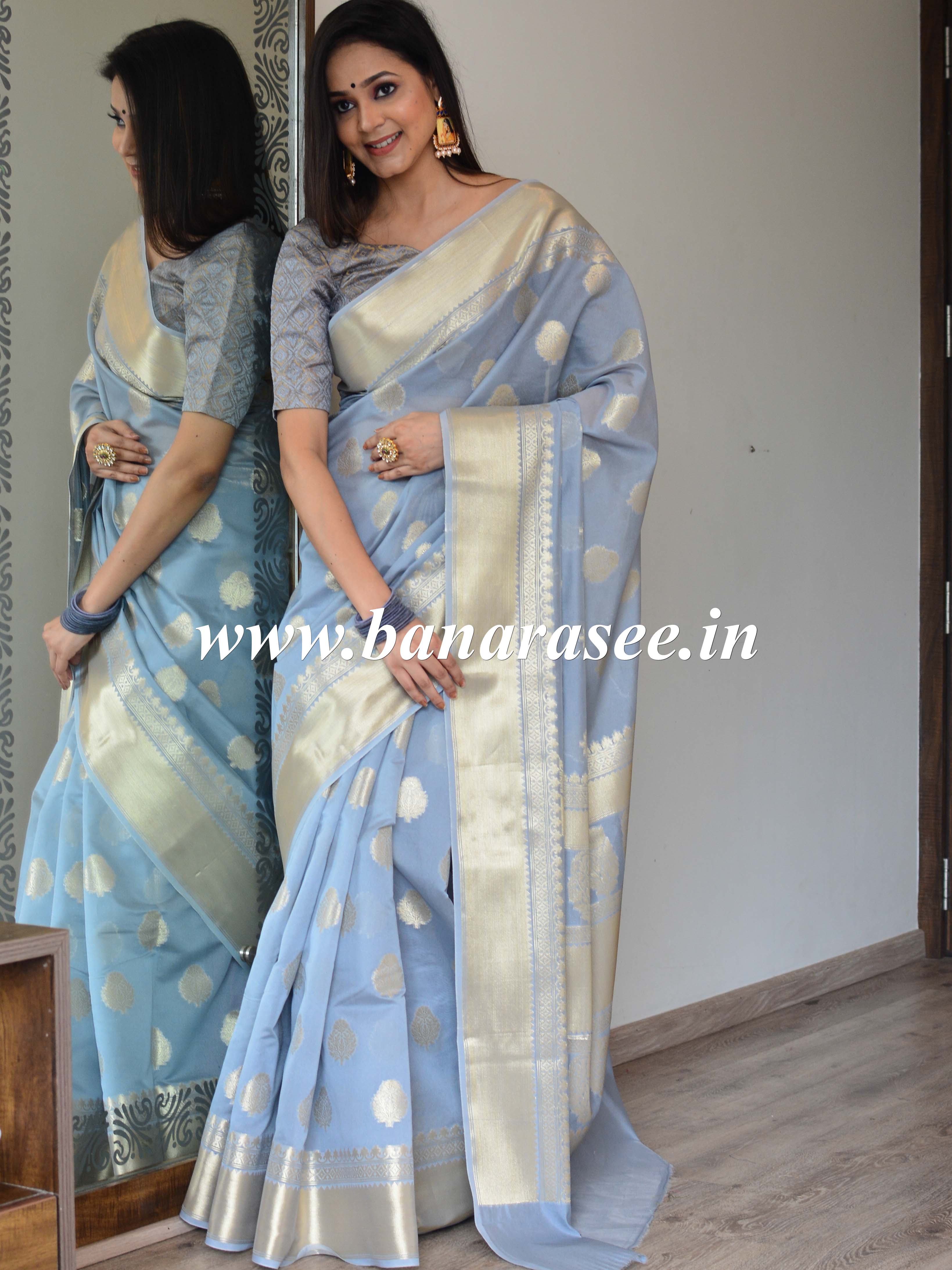 Banarasee Handwoven Semi Silk Saree With Zari Buti & Border-Grey