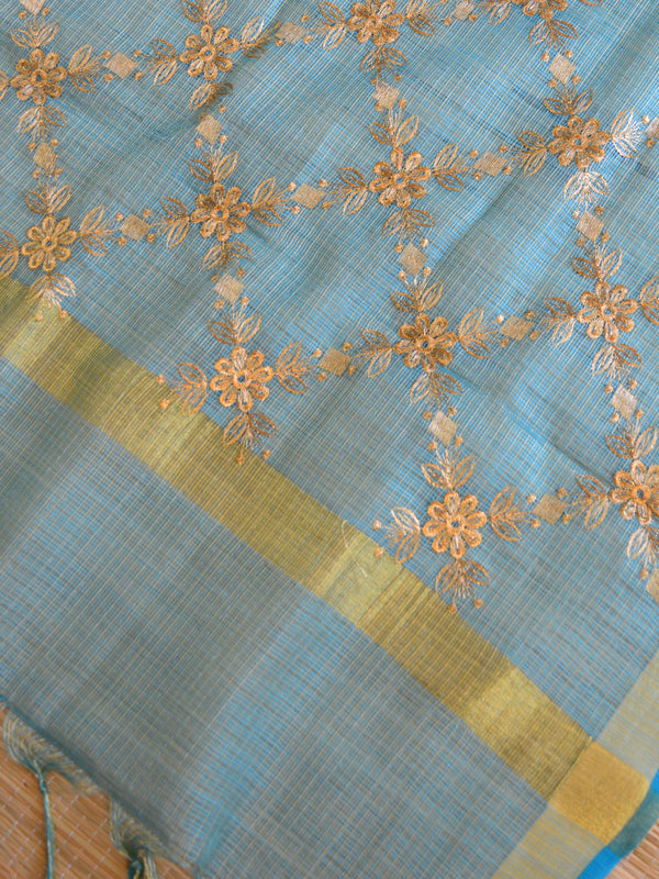 Banarasee Embroidered Tissue Dupatta-Blue