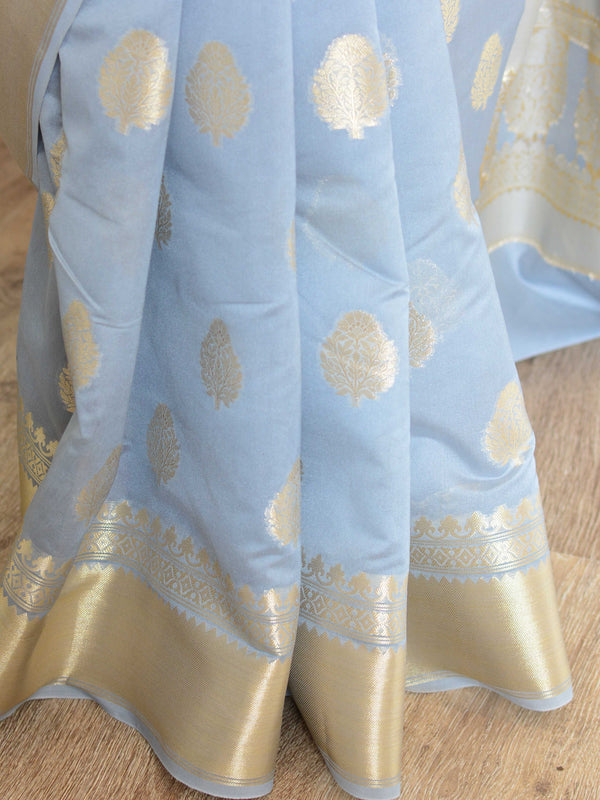 Banarasee Handwoven Semi Silk Saree With Zari Buti & Border-Grey