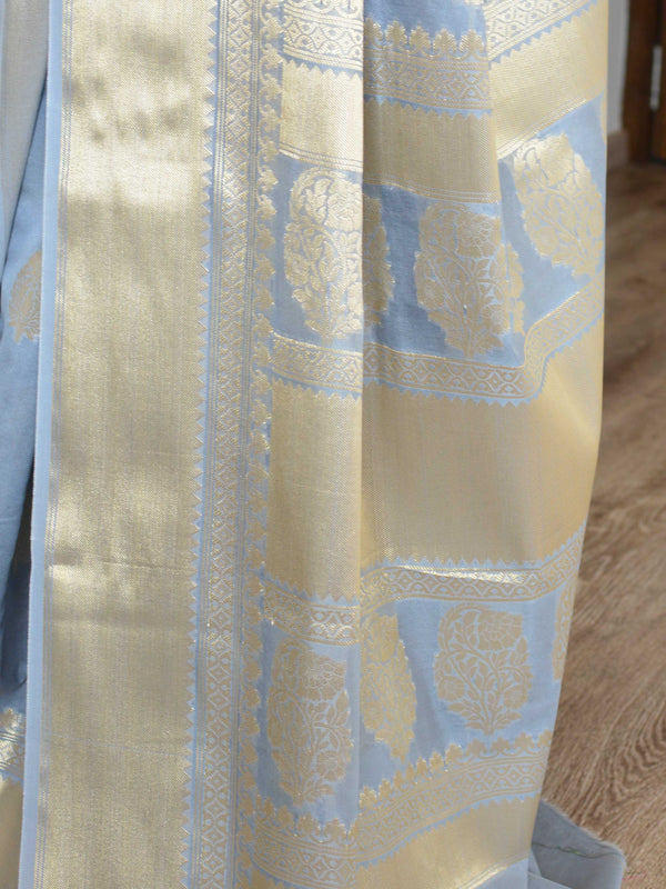 Banarasee Handwoven Semi Silk Saree With Zari Buti & Border-Grey