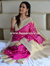 Banarasee Handwoven Semi-Chiffon Saree With Zari Buti & Contrast Border-Pink & White