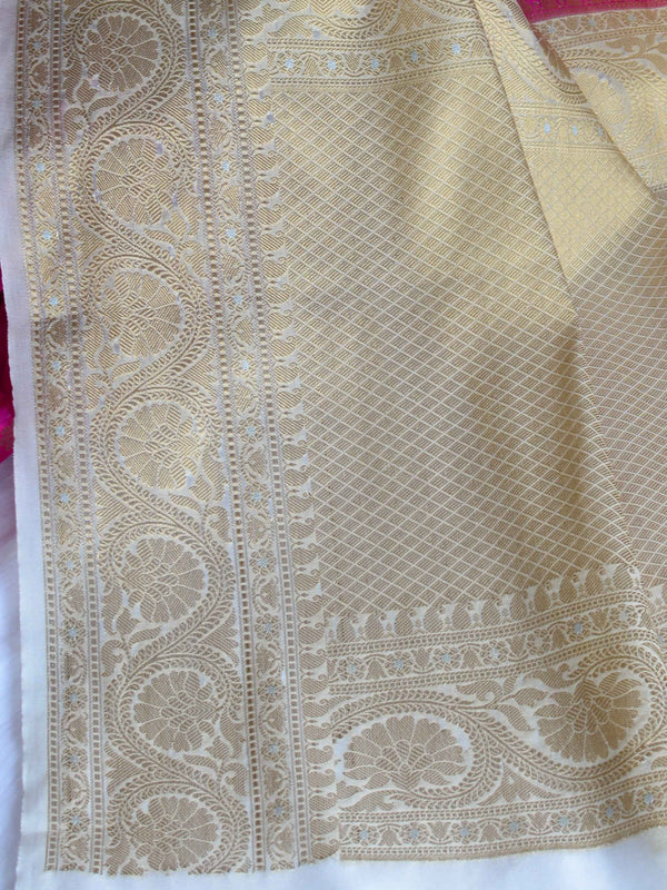 Banarasee Handwoven Semi-Chiffon Saree With Zari Buti & Contrast Border-Pink & White