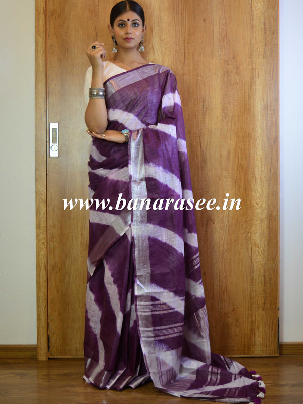 Bhagalpur Handloom Pure Linen Cotton Hand-Dyed Shibori Pattern Saree-Purple