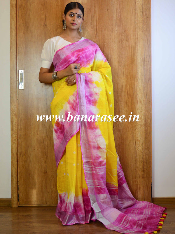 Bhagalpur Handloom Pure Linen Cotton Hand-Dyed Shibori Pattern Saree-Pink & Yellow