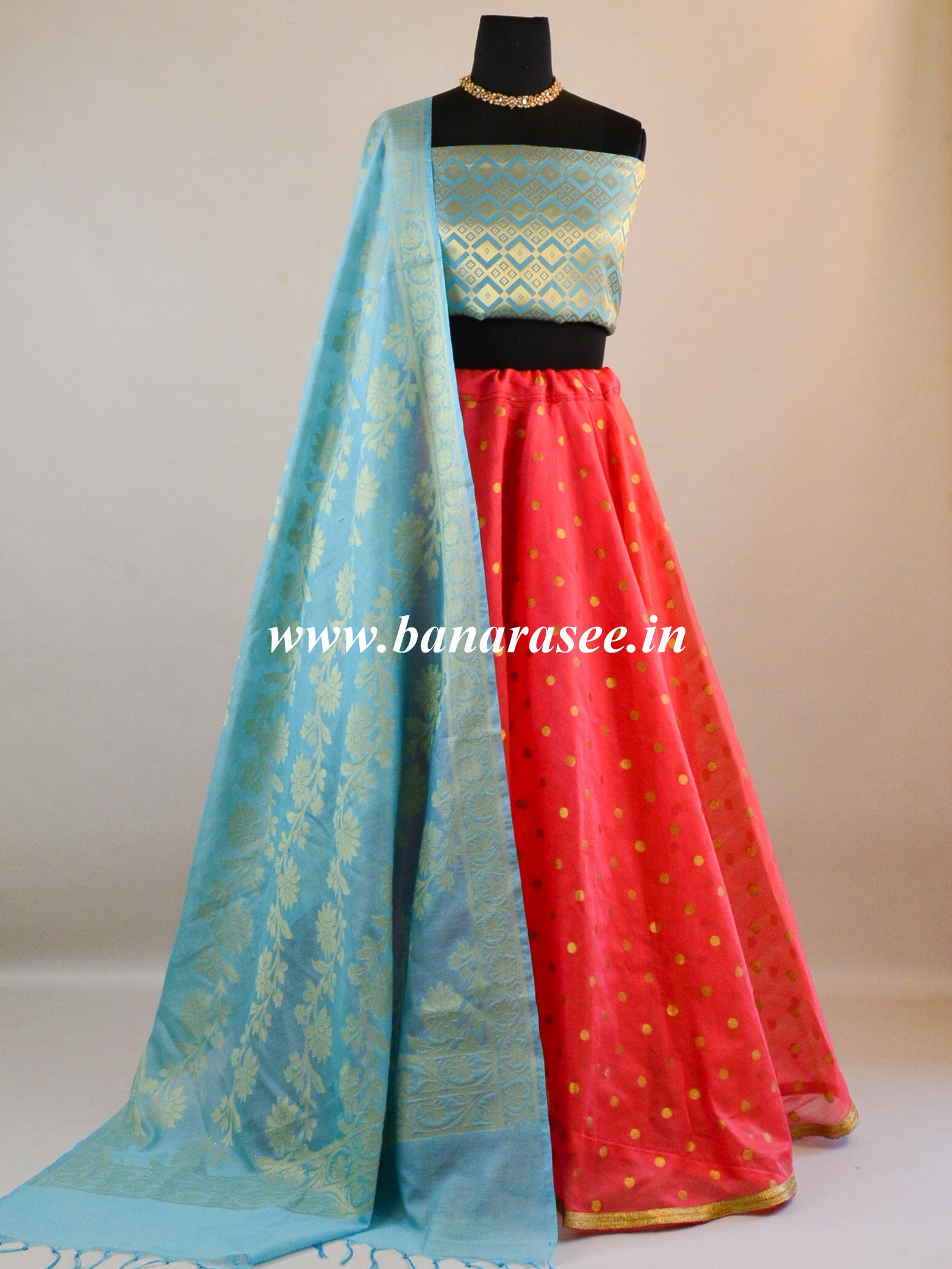 Banarasee Stitched Chanderi Lehenga & Blouse Fabric With Blue Dupatta-Pink