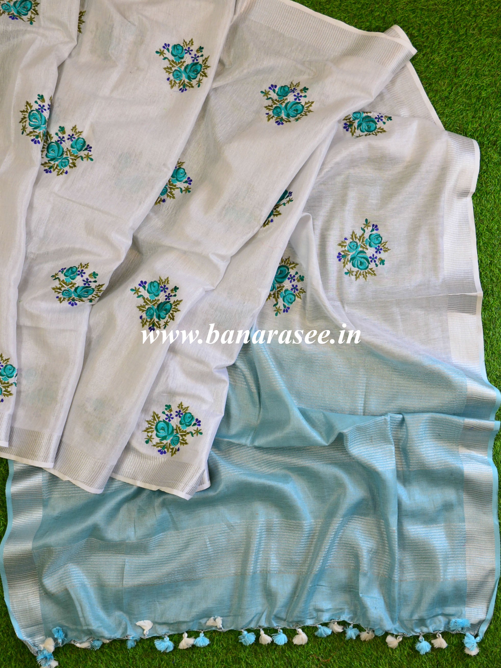 Banarasee Handloom Pure Linen By Tissue Embroidered Saree-Silver(Blue Shade)