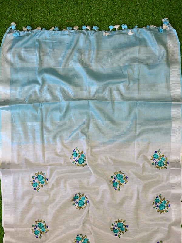 Banarasee Handloom Pure Linen By Tissue Embroidered Saree-Silver(Blue Shade)