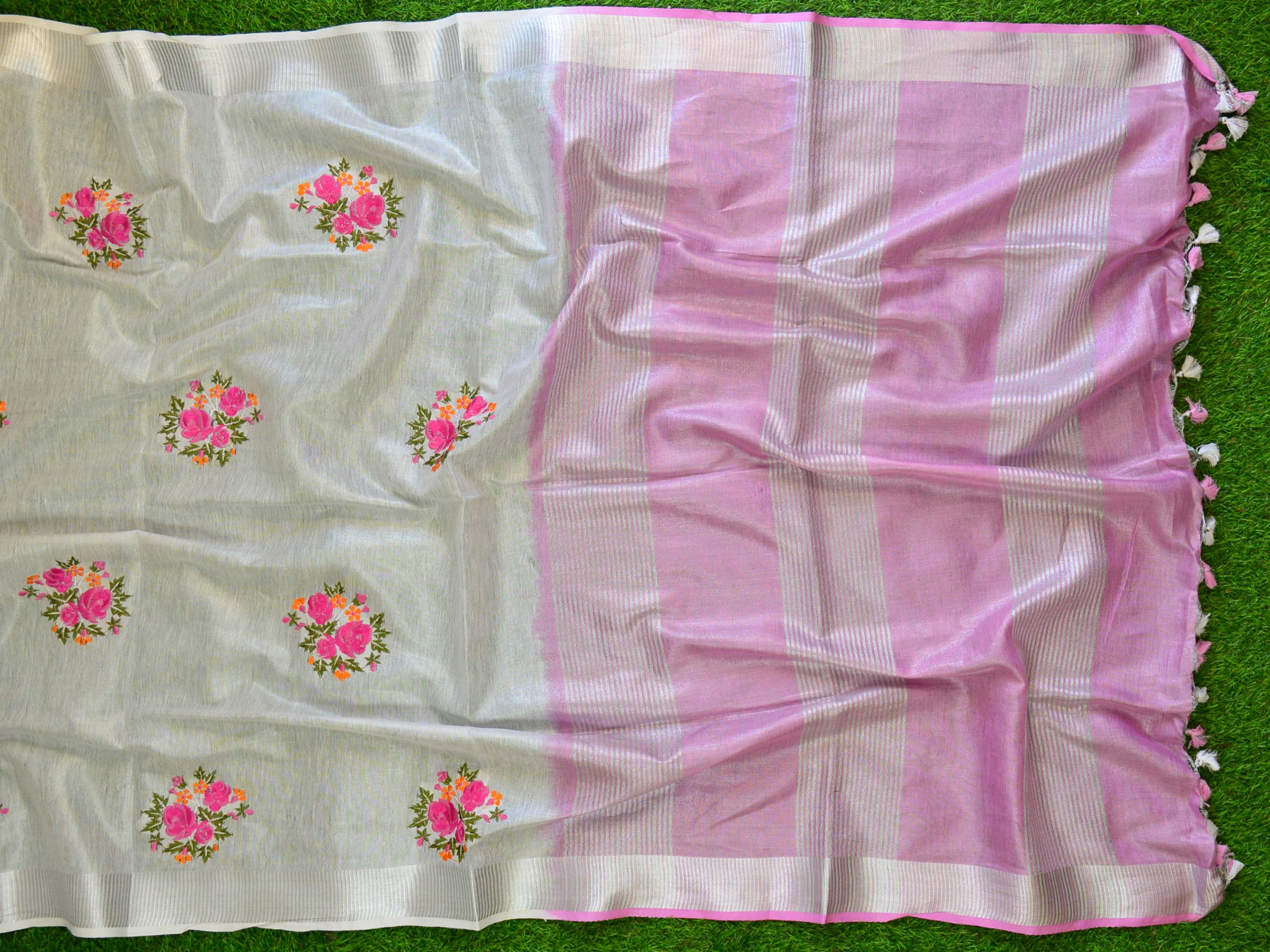 Banarasee Handloom Pure Linen By Tissue Embroidered Saree-Silver(Pink Shade)