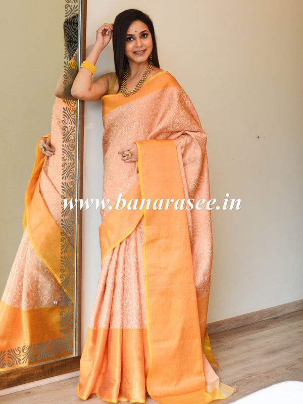 Banarasee Kora Muslin Saree With Floral Tanchoi Design & Skirt Border-Yellow
