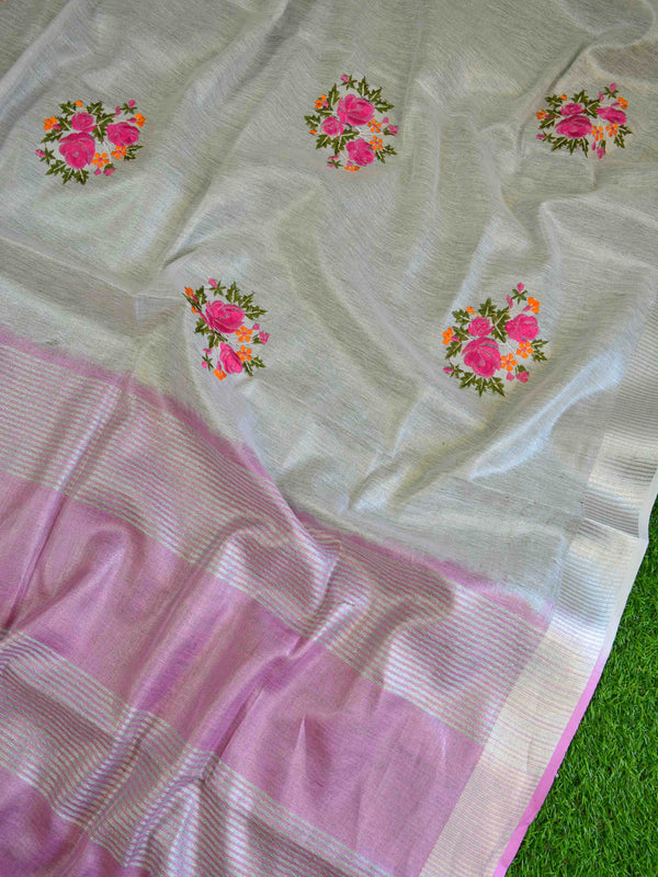 Banarasee Handloom Pure Linen By Tissue Embroidered Saree-Silver(Pink Shade)