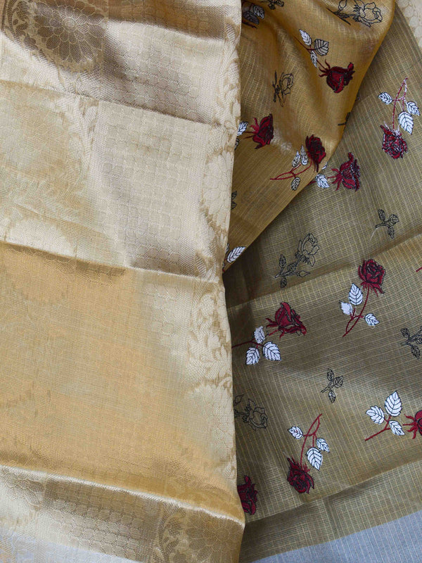Banarasee Handwoven Broad Border Tissue Saree With Embroidered Floral Buta-Gold