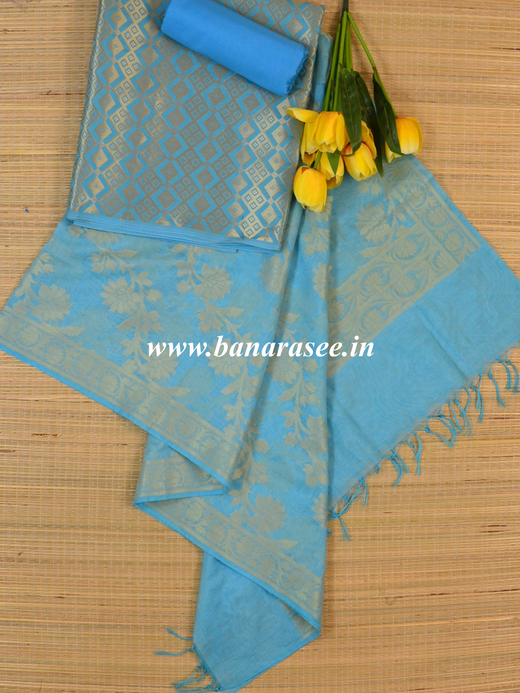 Banarasee Art Silk  Salwar Kameez Fabric With Dupatta-Sky Blue