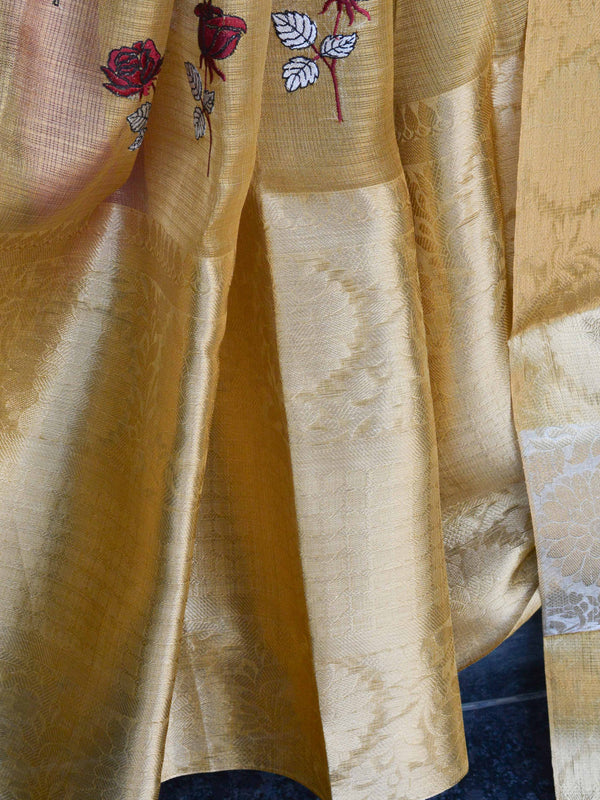 Banarasee Handwoven Broad Border Tissue Saree With Embroidered Floral Buta-Gold