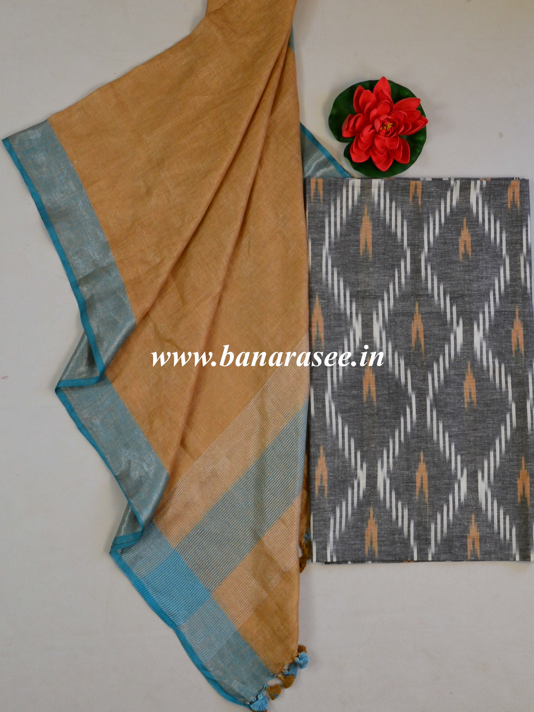 Bhagalpuri Pure Ikkat Kameez With Linen Dupatta-Grey & Beige