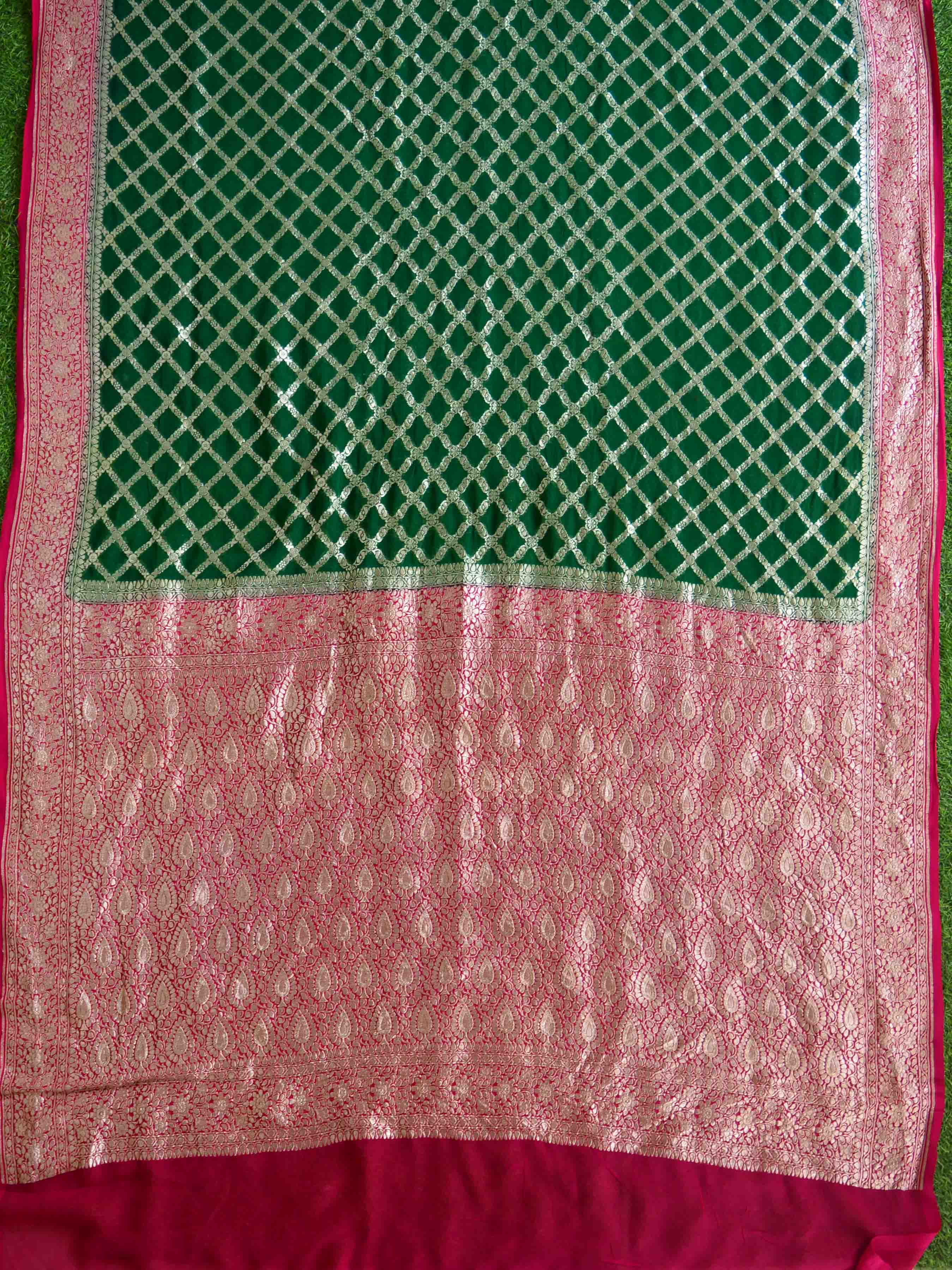 Banarasee Pure Khaddi Chiffon Silk Sari With Jaal Design & Contrast Border-Deep Green & Red
