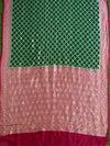Banarasee Pure Khaddi Chiffon Silk Sari With Jaal Design & Contrast Border-Deep Green & Red