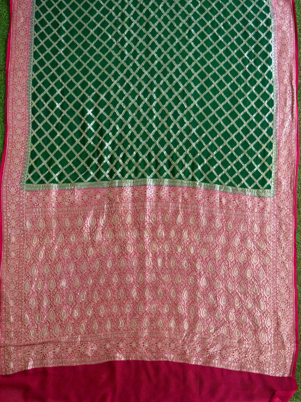 Banarasee Pure Khaddi Chiffon Silk Sari With Jaal Design & Contrast Border-Deep Green & Red