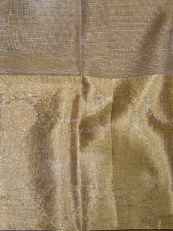 Banarasee Handwoven Broad Border Tissue Saree With Embroidered Floral Buta-Gold