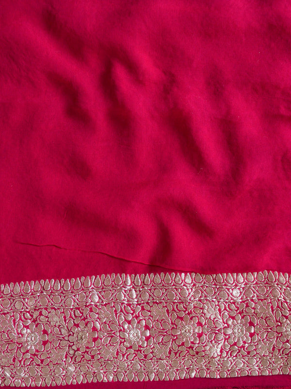 Banarasee Pure Khaddi Chiffon Silk Sari With Jaal Design & Contrast Border-Deep Green & Red