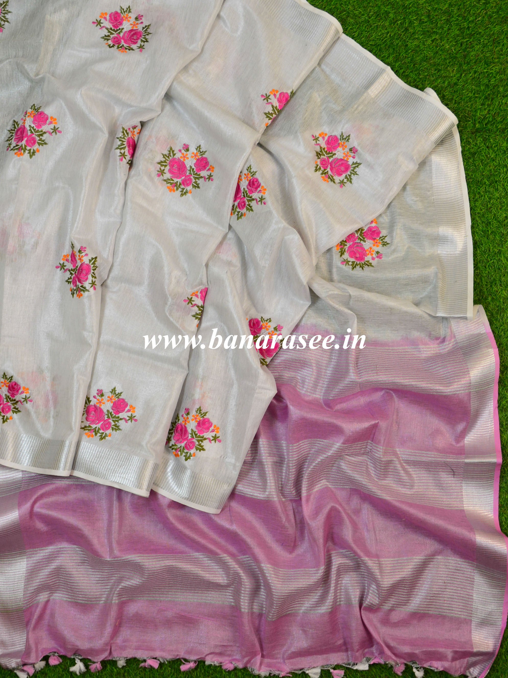 Banarasee Handloom Pure Linen By Tissue Embroidered Saree-Silver(Pink Shade)