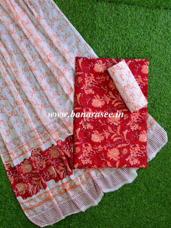 Pure Handloom Mul Cotton Batik Dyed Suit Set-Red & White