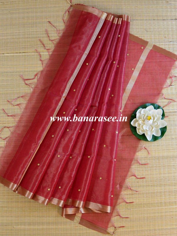 Banarasee Embroidered Tissue Mirror-Work Dupatta-Maroon