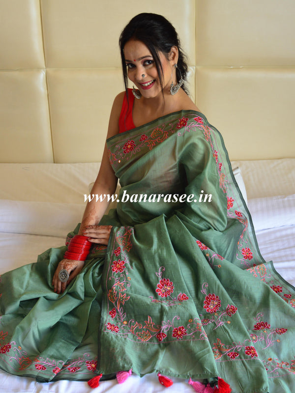 Banarasee Chanderi Cotton Hand-Embroidered Saree-Green