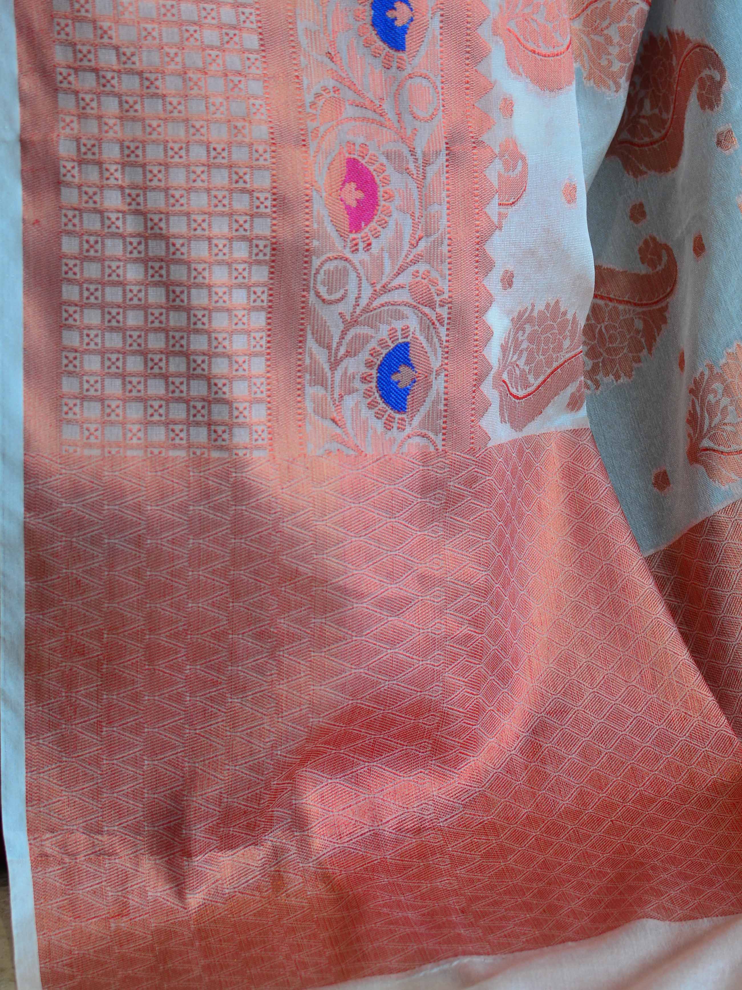 Banarasee Handwoven Semi-Chiffon Saree With Copper Zari Work-White