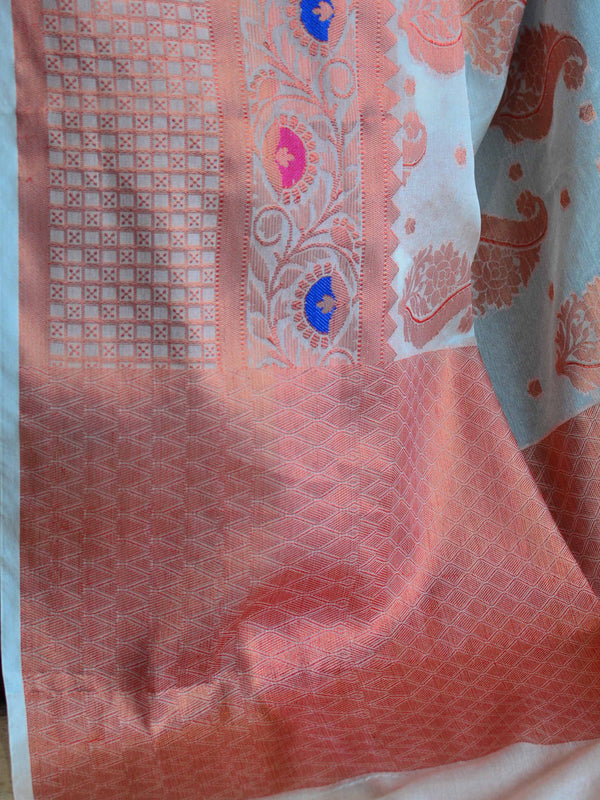 Banarasee Handwoven Semi-Chiffon Saree With Copper Zari Work-White