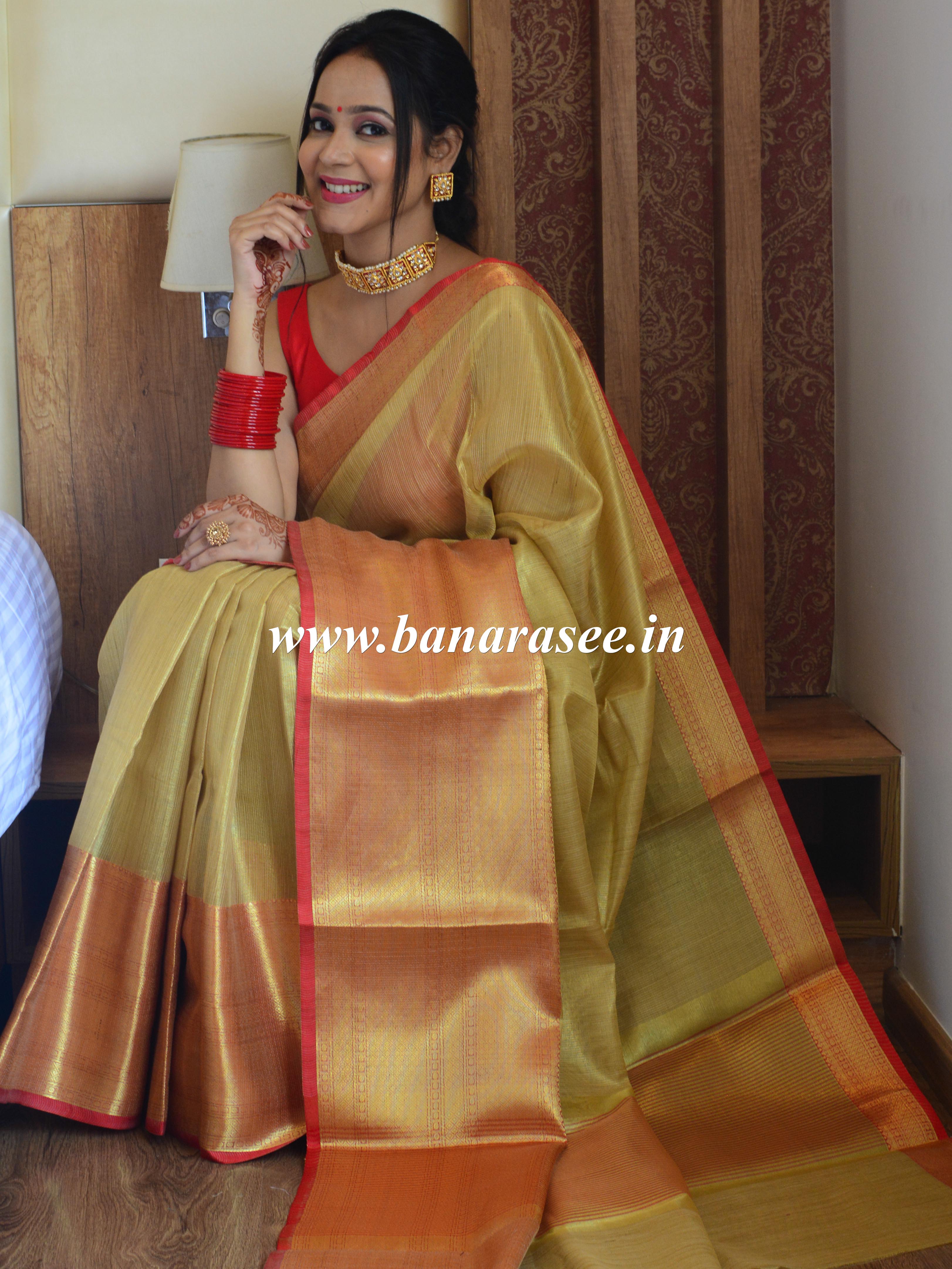 Banarasee Handwoven Plain Tissue Saree With Red Border-Gold