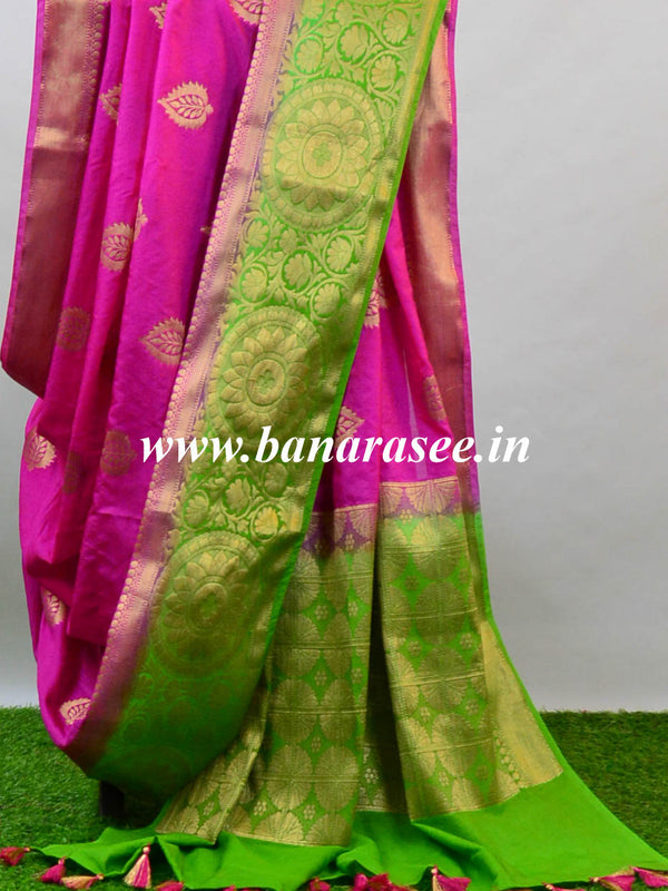 Banarasee Handwoven Semi-Chiffon Sari With Buta Design-Pink With Green