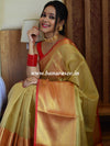 Banarasee Handwoven Plain Tissue Saree With Red Border-Gold