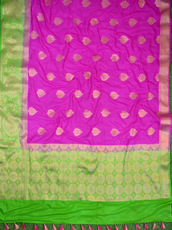 Banarasee Handwoven Semi-Chiffon Sari With Buta Design-Pink With Green