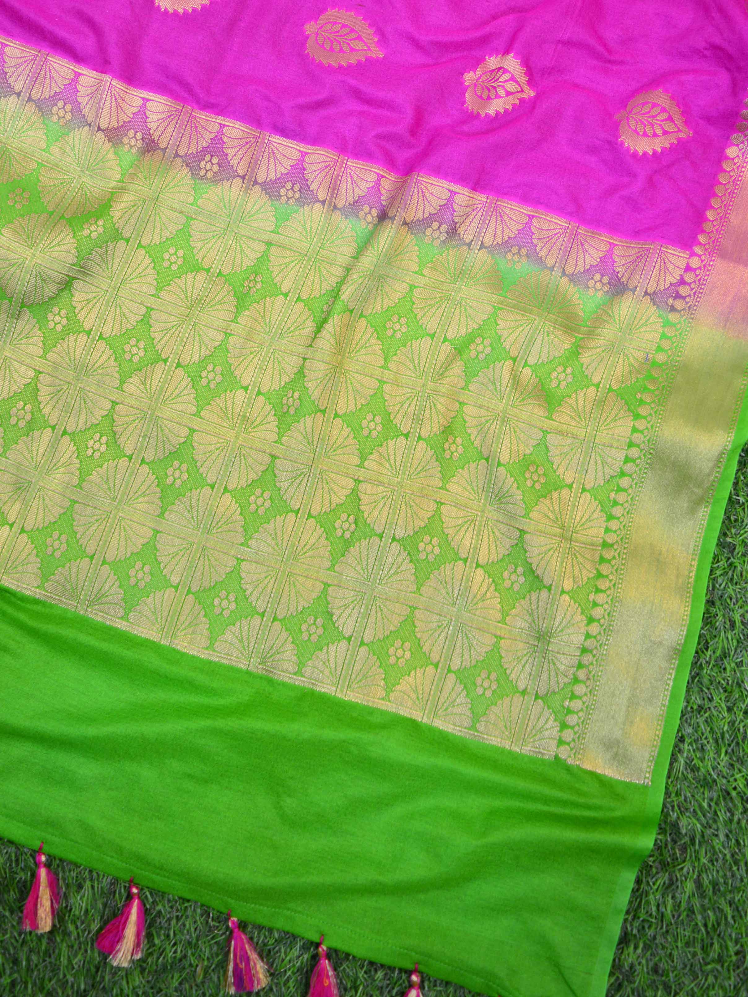 Banarasee Handwoven Semi-Chiffon Sari With Buta Design-Pink With Green