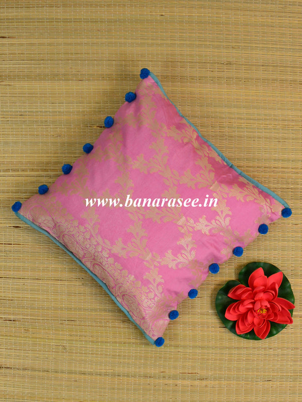 Banarasee Pure Silk Zari & Pom-Pom Detail Cushion Cover-Baby Pink