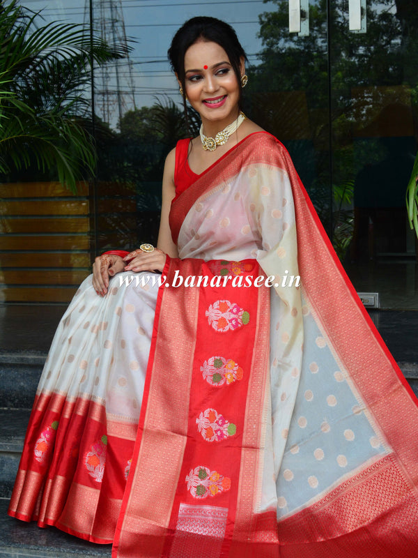 Banarasee Semi Silk Sari With Meena Border & Buti Design -Off White & Red